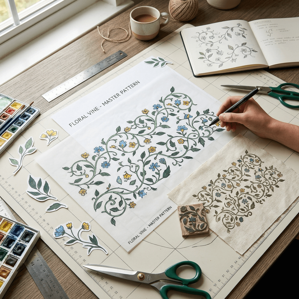 Hand drawing and coloring floral vine pattern with blue and yellow flowers on paper
